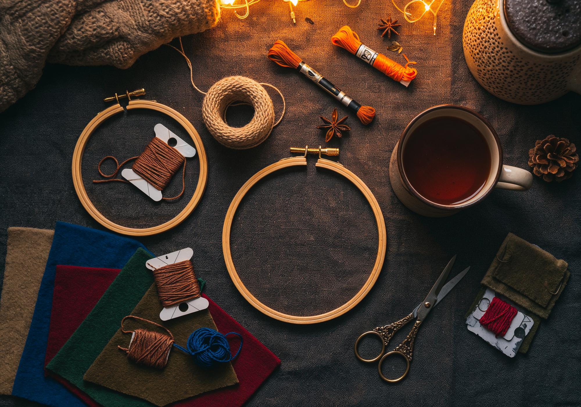 atelier workbench with hoops and thread spools