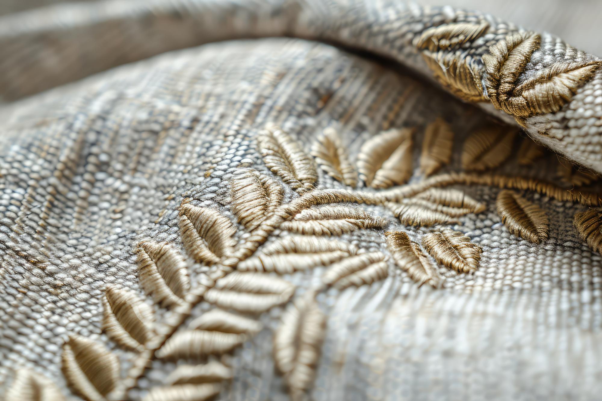 close-up of gold-thread embroidery on linen
